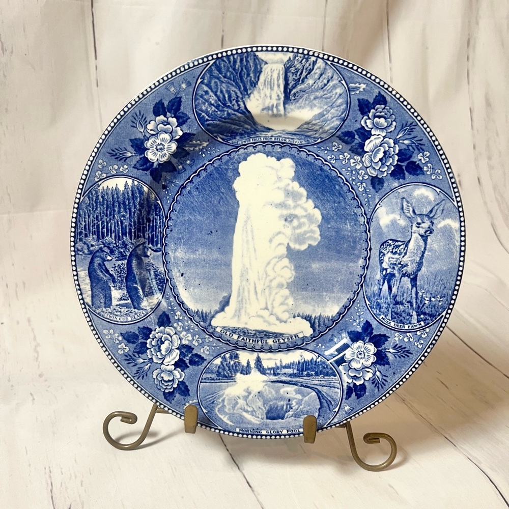 Antique Adams Staffordshire Blue Transferware Yellowstone Plate Old Faithful 10”
